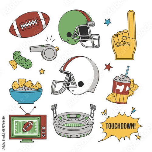 American Football Elements Set with Cartoon Style