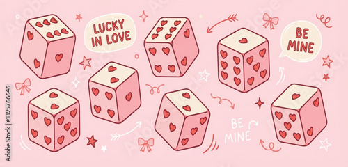 Love Dice with Valentine's day Theme: Illustrated dice featuring hearts and sweet messages on a soft pink background. Perfect for Valentine's Day.