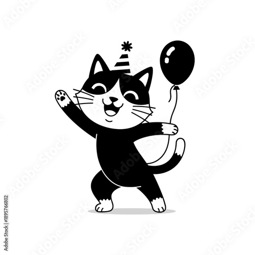 Cute cartoon black cat playing with a red ball while a little mouse watches nearby