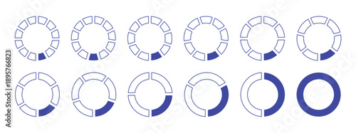 Blue pie charts with varying segments. Circle section graph. Pie charts diagrams.