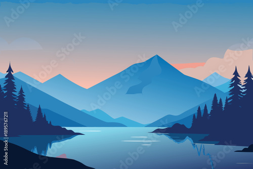Mountain landscape with lake and misty mountains at sunrise