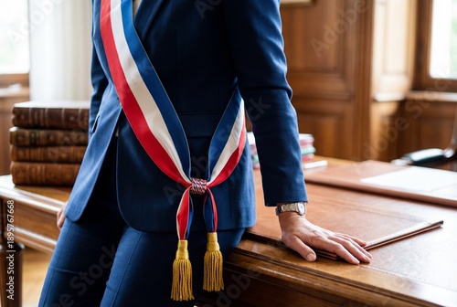 French female elected official in blue suit wearing tricolor sash standing near wooden desk