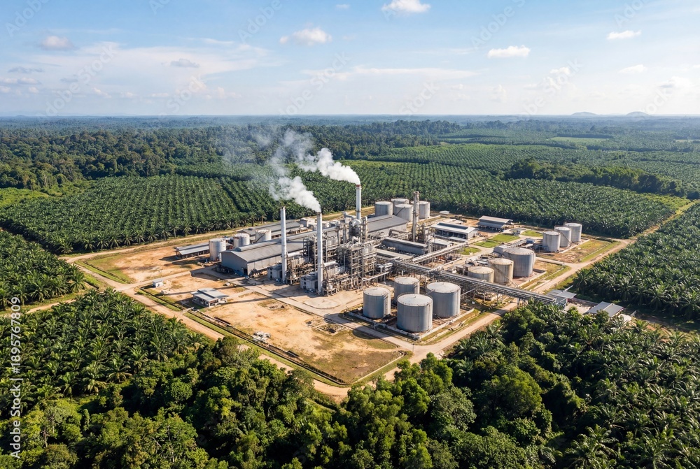 Obraz premium Aerial view of industrial palm oil refinery plant emitting smoke amidst green tropical plantation