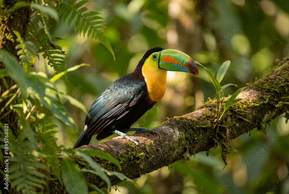 Fototapeta premium Keel billed toucan perched on a mossy branch in the lush green tropical rainforest jungle