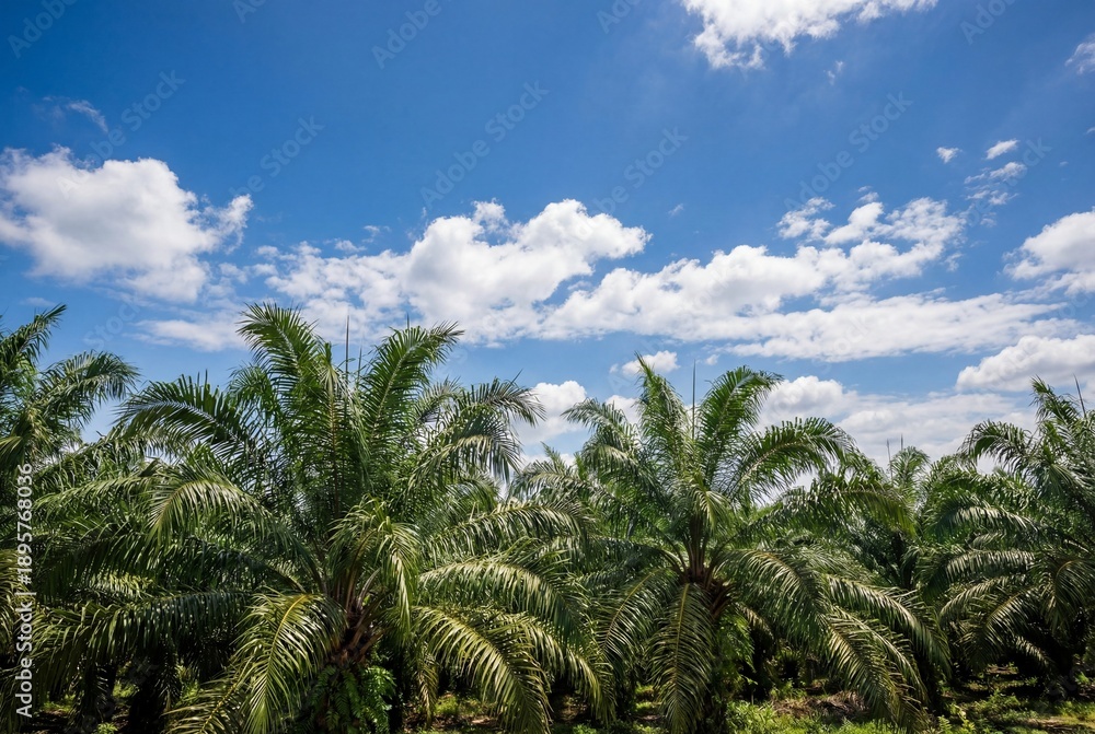 Obraz premium Green palm oil plantation trees under a bright sunny blue sky with scattered white clouds