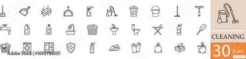 Flat line vector cleaning icon set showing hygiene, sanitation, and cleaning service concepts in clean minimal style. Perfect for home, office, and professional cleaning design use.