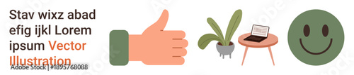 Business, education, communication, well-being, positivity, workplace design. Hand showing a thumbs-up, plant laptop table happy face and placeholder text. Positivity and workplace design concept