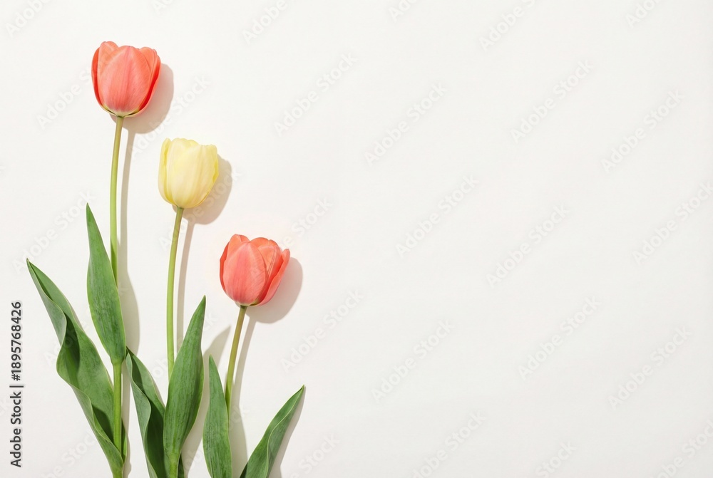 Fototapeta premium Coral and pale yellow tulips arranged vertically in flat lay composition