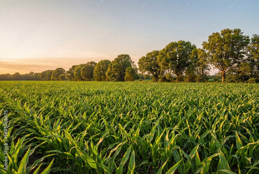 Obraz premium Green corn field landscape with a row of trees under a warm sunset sky in summer