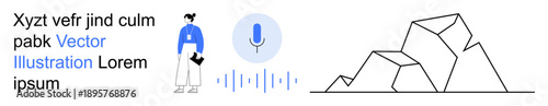 Digital communication, voice recognition, technology, modern interface, online services, geometric design. Person with microphone, waveform abstract shapes. Voice recognition and technology concept