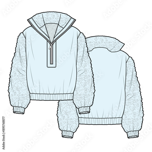 Women's fleece jacket vector design mockup template technical flat sketch.