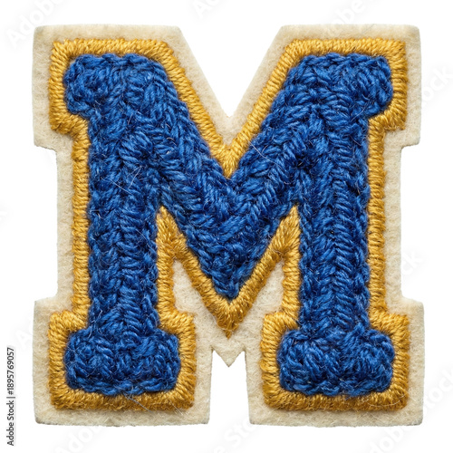 Fotografía Varsity letter M patch in blue and gold crochet
