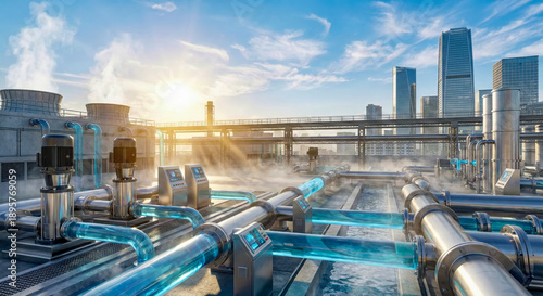 Modern industrial water cooling towers and complex piping system against city skyline