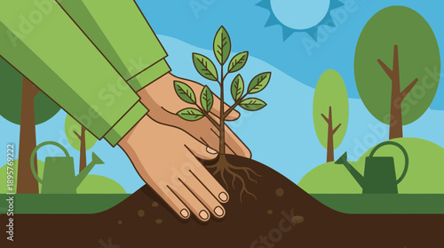 Person planting a young tree in fertile soil with care
