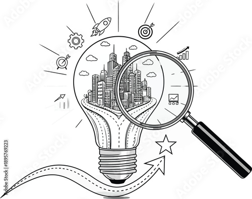 innovative city planning and smart technologies illuminated by a lightbulb with magnifying glass
