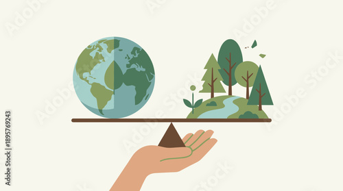 Hand holding eco friendly earth with trees on balance