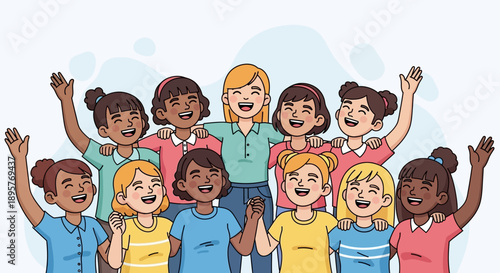 Diverse group of children with their teacher standing together happily outdoors smiling and waving