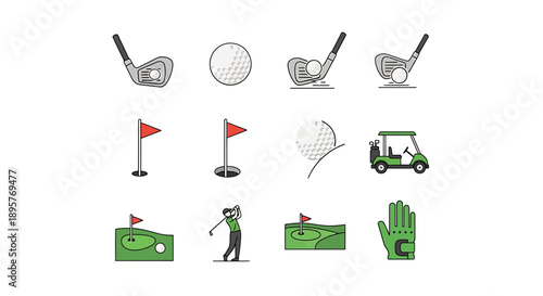 Golf Icons Set: Clubs, Ball, Cart, Player, Flags, Green, Glove