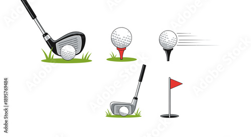 Golfing Elements: Club, Ball on Tee, Flag, and Swing Motion on White Background