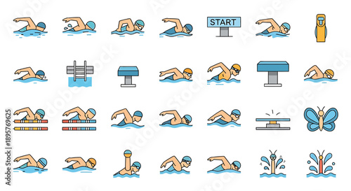 Vector Icons of Swimming Strokes, Start, and Butterfly