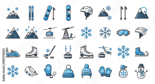 Winter Sports Icons: Skiing, Snowboarding, Skating, Hockey, Snowman & More