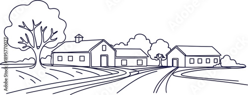 Rural Landscape with Farm Buildings and Trees