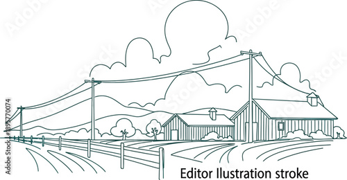 Rural Landscape with Farmhouse and Power Lines