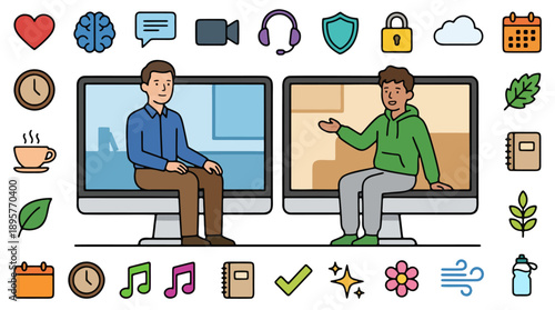 Online Therapy and Mental Health Counseling Vector Illustration with Counselor and Client on Screens