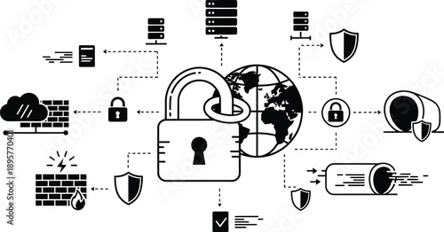 comprehensive cybersecurity and data protection illustration with interconnected security icons