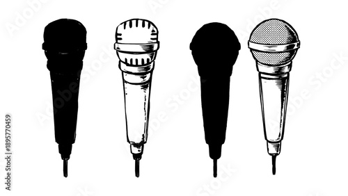 Set of microphone illustrations in different styles. Hand drawn vocal mic sketches from silhouette to detailed line art for music, podcast, and stage concept.
