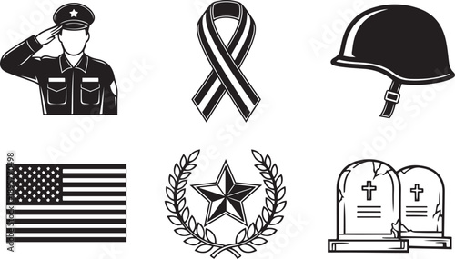 Black and white memorial symbols including soldier helmet ribbon flag military salute