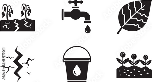 Black and white of drought and water conservation dry soil wilting plants faucet