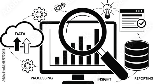 Digital data analysis and processing visualization with magnifying glass and charts for insights