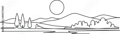 Simple Mountain Landscape with Trees and Sun