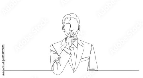 Minimalist line art sketch of a business person in a suit thinking deeply with a finger on their chin