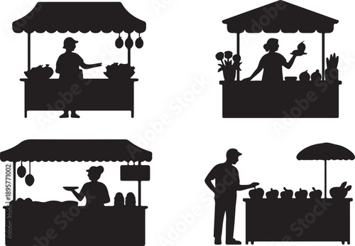 Market Stall Silhouettes with Vendors Selling Produce Isolated on white background