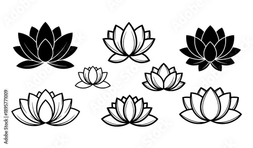 Black lotus flower silhouette vector set with isolated yoga and meditation symbols for spa