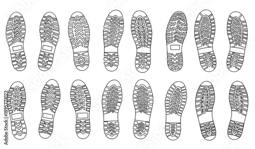 Shoe sole footprints vector set with walking footsteps and trail icons for kids and adults