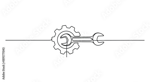 Minimalist single line drawing of a wrench and gear forming a continuous line representing engineering and mechanical repair services