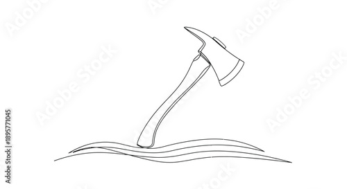 Stylized line art illustration of a firefighter s axe embedded in wavy lines representing water or smoke