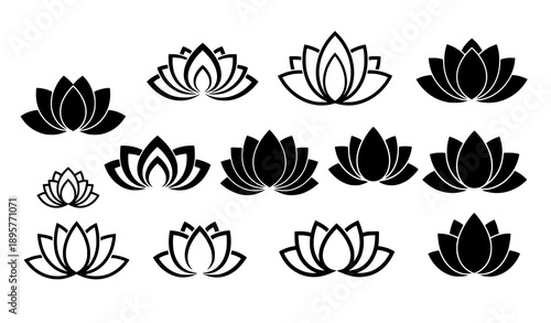 Stylized black lotus flower vector set with isolated symbols for yoga, meditation, and spa