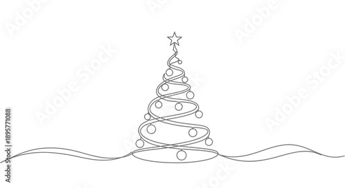 Elegant minimalist continuous line drawing of a christmas tree adorned with simple ornaments and a star topper on a white background