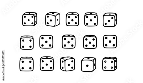 Hand-drawn dice vector icon set with one to six dot sides for games and casino design