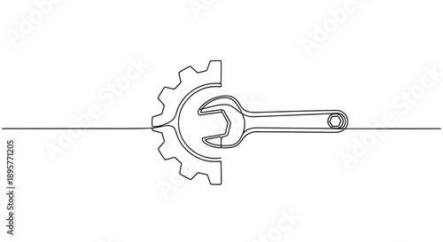 Minimalist continuous line drawing of a wrench and gear symbolizing mechanics repair and engineering concepts on a white background