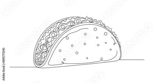 Simple line drawing of a delicious taco filled with seasoned meat lettuce and cheese on a white background