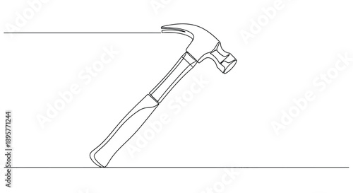 A detailed line drawing illustration of a claw hammer with a textured handle poised to strike a nail against a clean white background