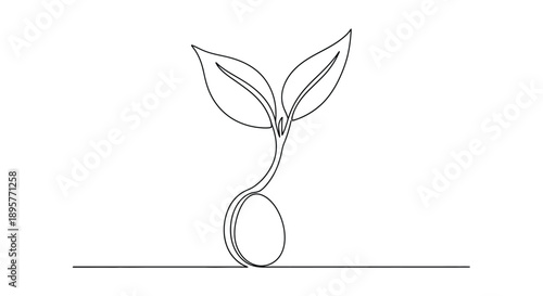 Simple continuous line drawing of a new plant seedling emerging from a seed with two leaves on a white background
