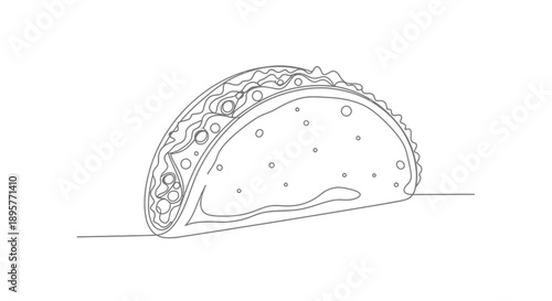 Hand drawn line art illustration of a single crunchy taco filled with ingredients on a white background