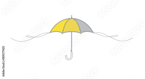 Whimsical hand drawn illustration of a yellow and grey umbrella with flowing ribbons against a clean white background