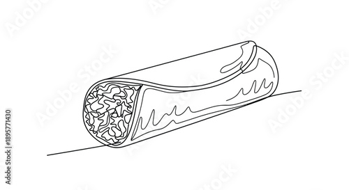 Hand drawn sketch illustration of a delicious burrito filled with fresh ingredients on a clean white background